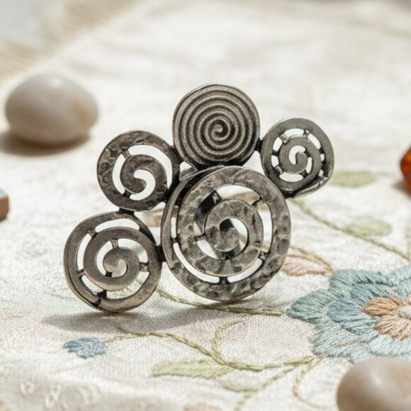 Handmade Turkish Zamak Spiral Statement Ring Boho Chic Adjustable Silver Tone - Picture 12 of 16